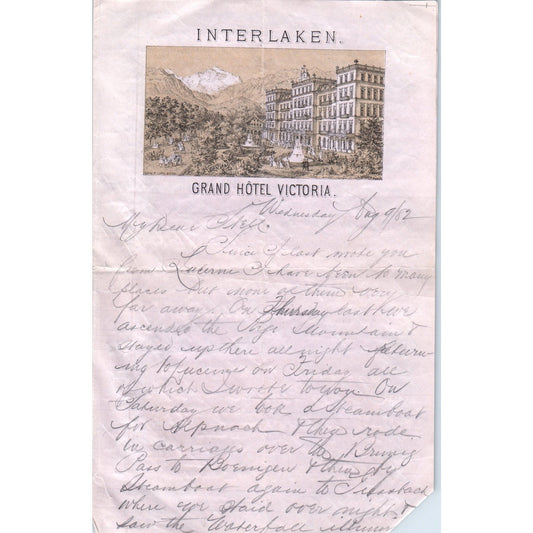 1882 Handwritten Letter on Interlaken Grand Hotel Victoria Stationary D18