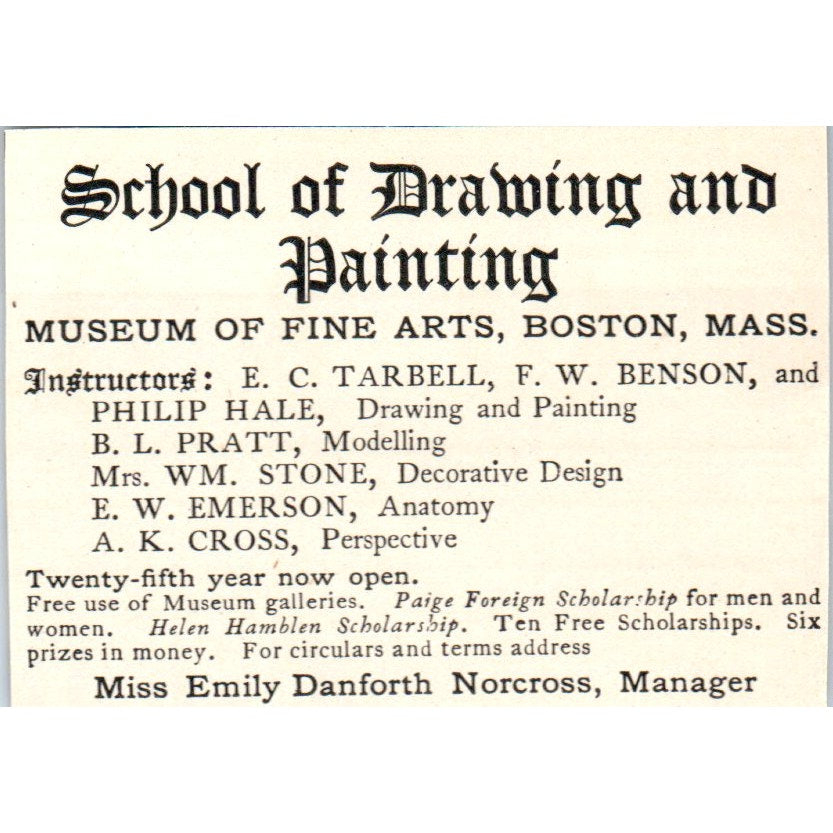 School of Drawing and Painting Emily Danforth Norcross Boston 1900 Ad AB8-MA5