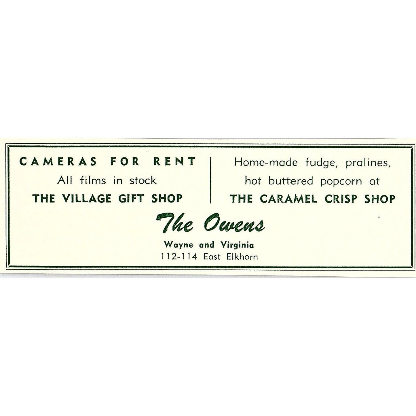 Wayne Owens Caramel Crisp Shop, Art Andrews Grocery 1957 Estes Park CO Ad AG4-M1