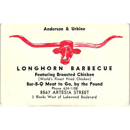 Anderson & Urbine Longhorn Barbeque 8567 Artesia St CA Vtg Business Card TH2-B2
