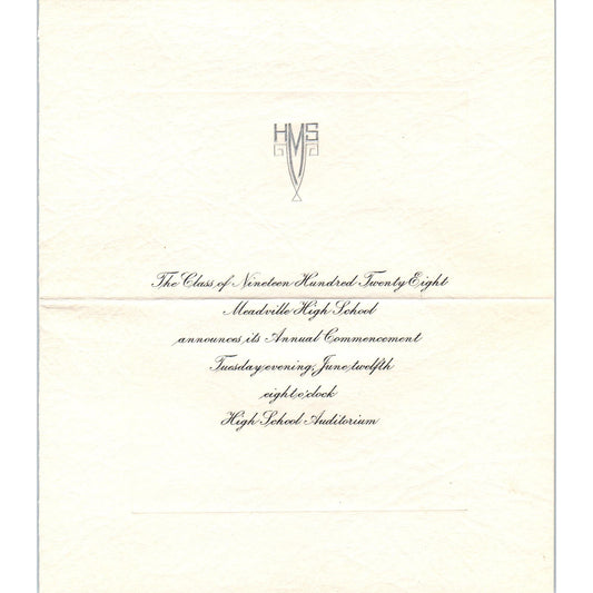 1928 Meadville High School Graduation Commencement Invitation PA AE9-X1