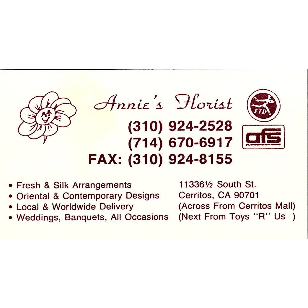 Annie's Florist Cerritos CA Vintage Business Card SD9-B14