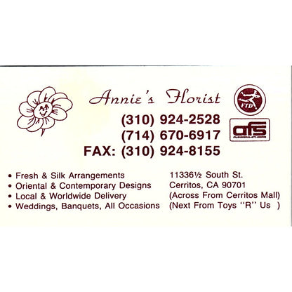 Annie's Florist Cerritos CA Vintage Business Card SD9-B14
