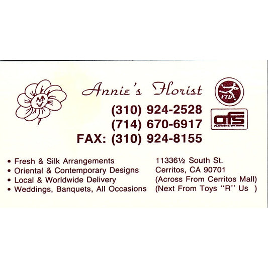 Annie's Florist Cerritos CA Vintage Business Card SD9-B14