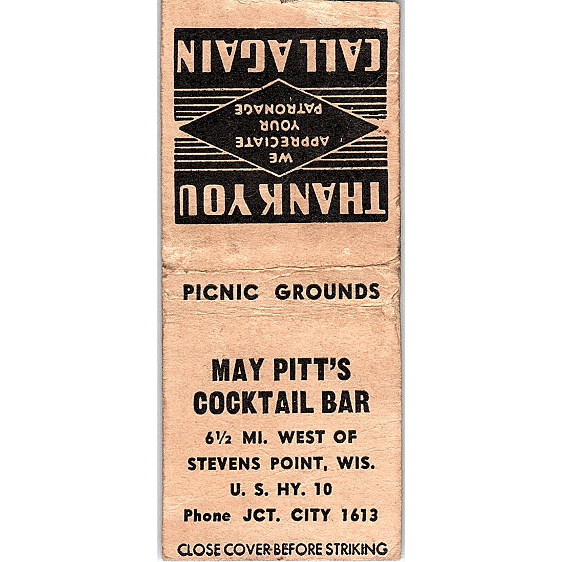 May Pitt's Cocktail Bar Stevens Point WI Vintage Matchbook Cover SC7-Y8