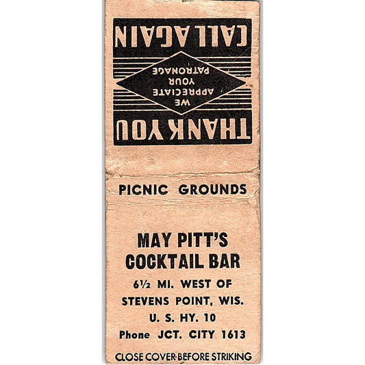May Pitt's Cocktail Bar Stevens Point WI Vintage Matchbook Cover SC7-Y8