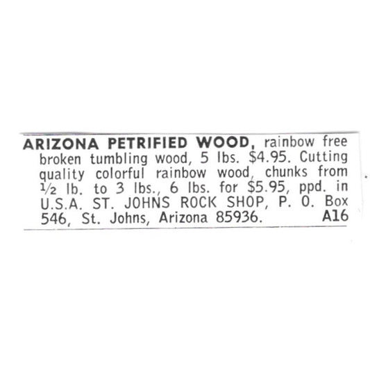 St. John's Rock Shop Arizona Petrified Wood St. Johns AZ 1972 Ad AF8-S12