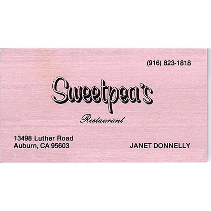 Sweetpea's Restaurant Janet Donnelly Auburn CA Vintage Business Card SD9-B14