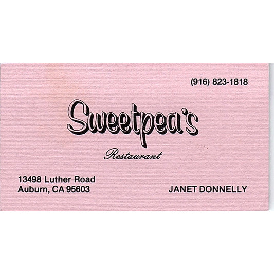 Sweetpea's Restaurant Janet Donnelly Auburn CA Vintage Business Card SD9-B14