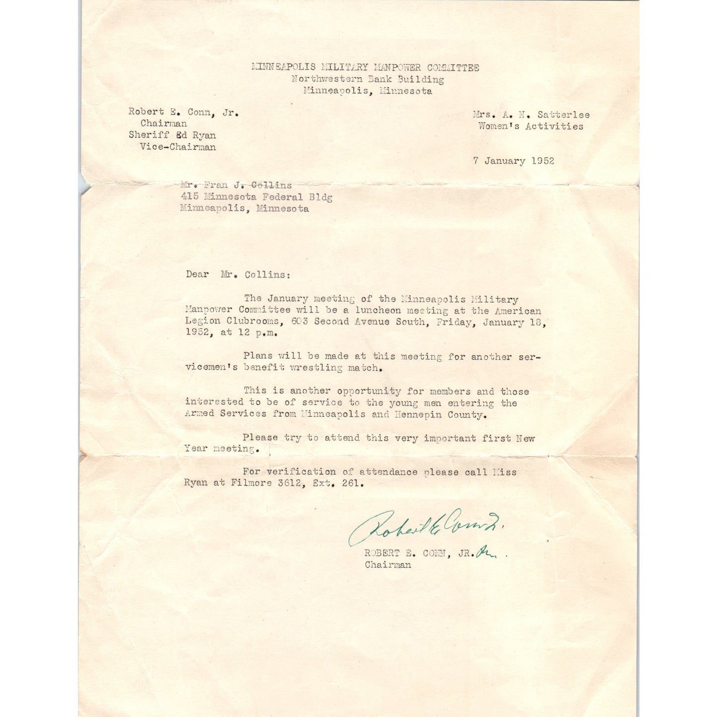 1952 Minneapolis Military Manpower Committee Memo Robert E. Conn Jr. D9