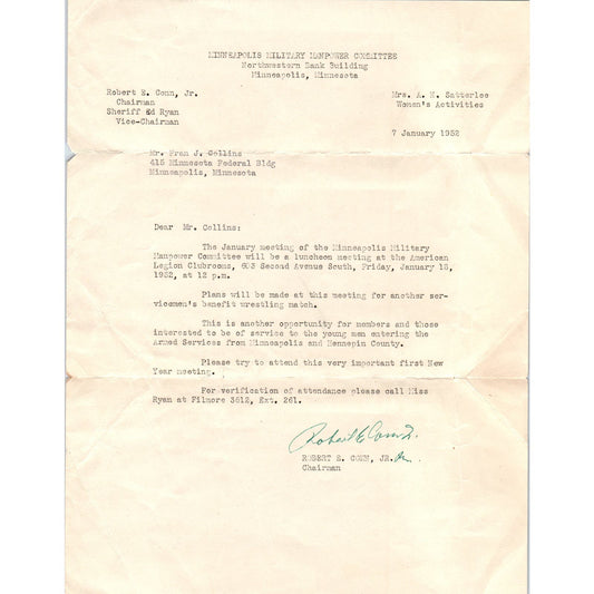 1952 Minneapolis Military Manpower Committee Memo Robert E. Conn Jr. D9