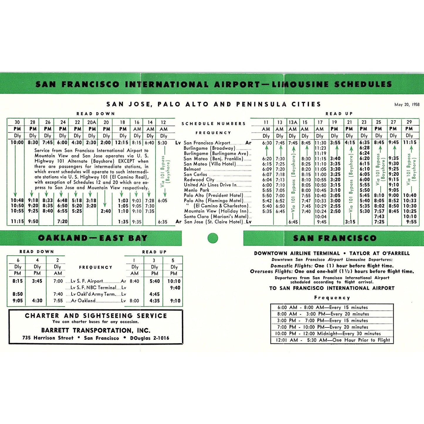 1950s San Francisco International Airport Limousine Schedule Barrett AF9-H2