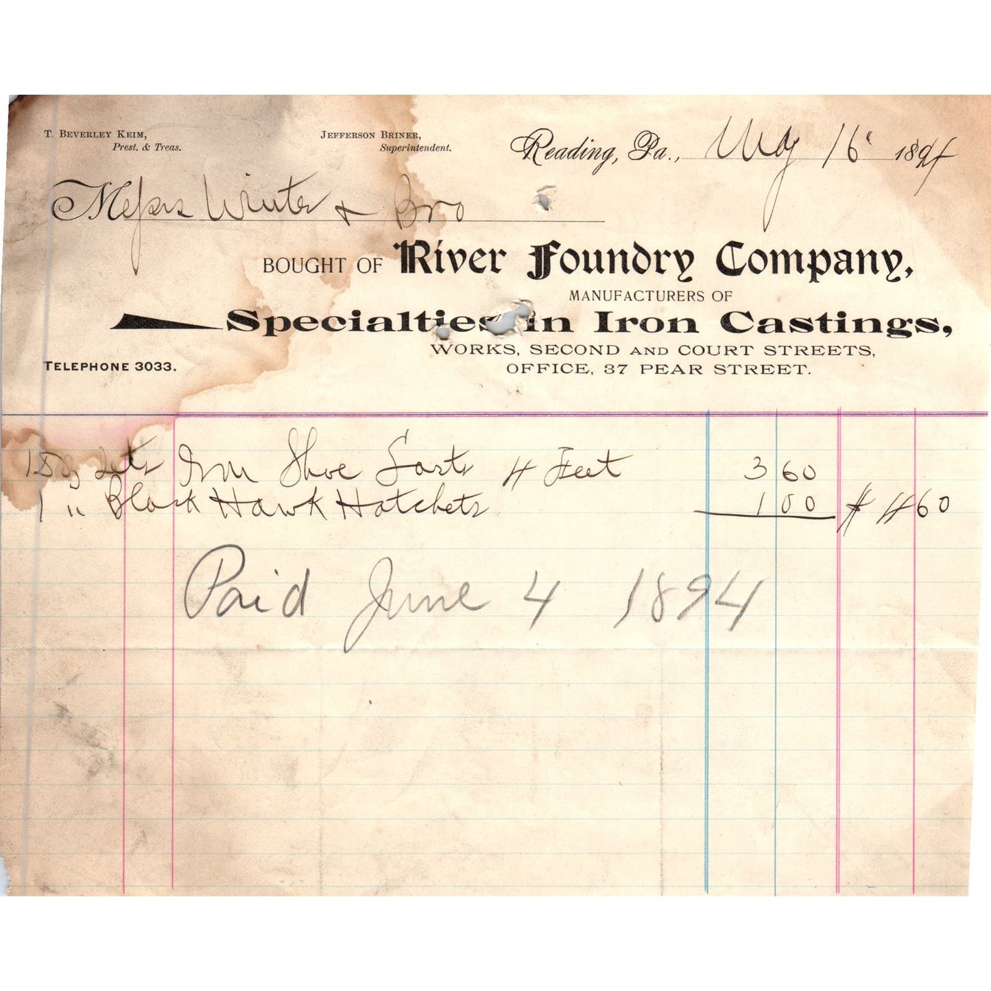 1894 River Foundry Co Iron Castings Reading PA Original Billhead Receipt AE7