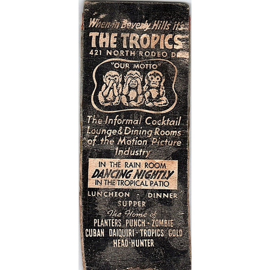 The Tropics Nightclub Beverly Hills CA Vintage Matchbook Cover SF3-Y1