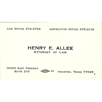 Henry E Allee Attorney Houston Vintage Business Card SE3-B12