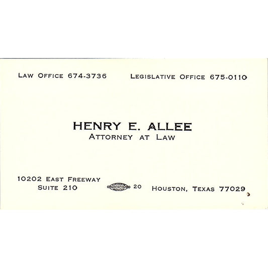 Henry E Allee Attorney Houston Vintage Business Card SE3-B12