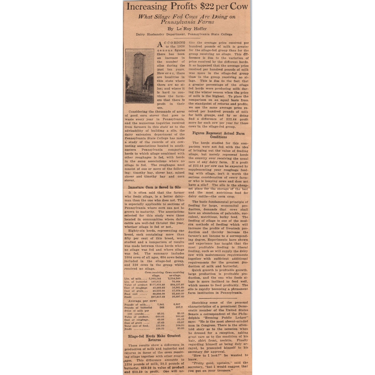 Increasing Profits on Cows Article LeRoy Hoffer 1922 Magazine Ad AF2-A5