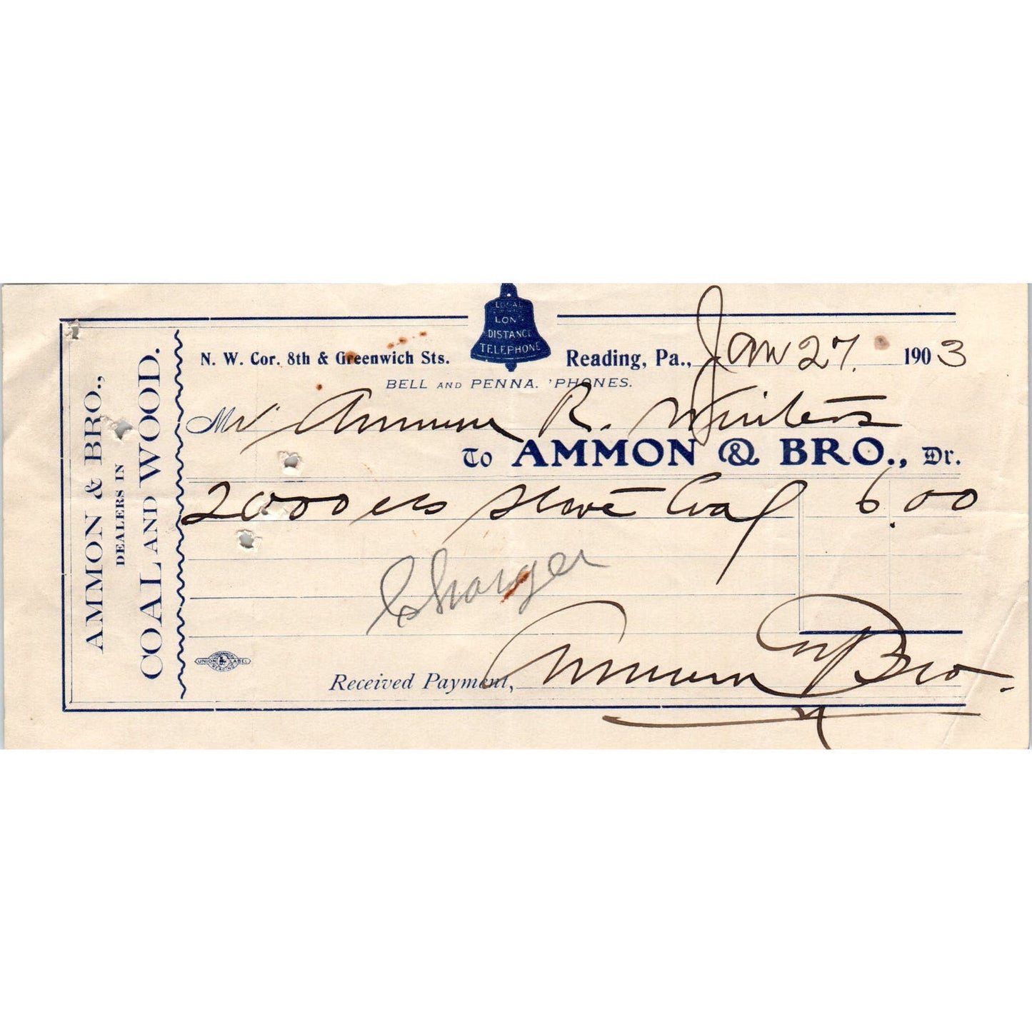 1903 Ammon & Bro Coal and Wood Reading PA Original Billhead Receipt AE7