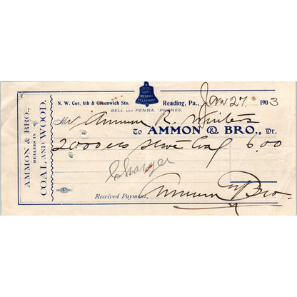 1903 Ammon & Bro Coal and Wood Reading PA Original Billhead Receipt AE7