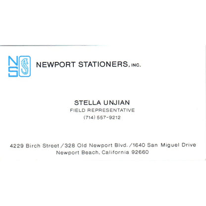 Stella Unjian Newport Stationers Newport Beach CA Vintage Business Card SE3-B4