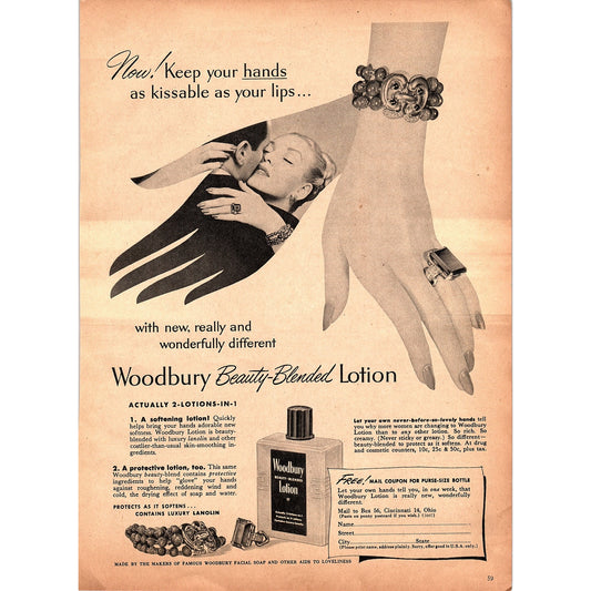 Woodbury Beauty-Blended Lotion - Hands as Kissable as Your Lips 1948 Ad AF8-1