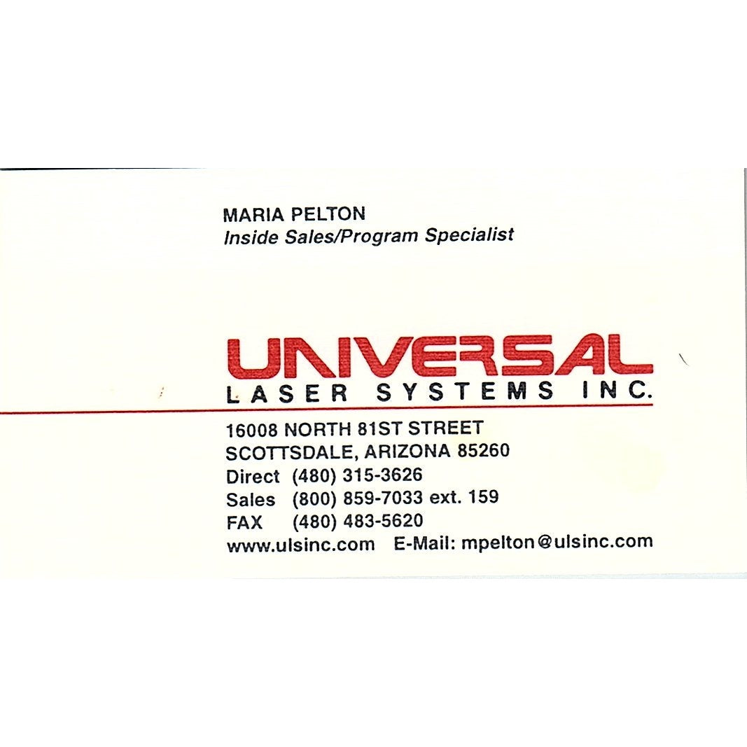 Universal Laser Systems Inc Maria Pelton Scottsdale AZ Vtg Business Card SC9-B11
