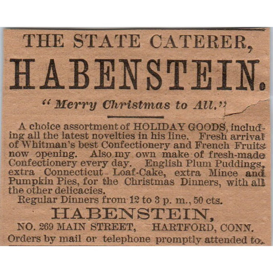 Habenstein State Caterer Christmas 1886 Hartford CT Victorian Ad AB8-HT1