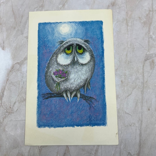 Vintage Kitschy Big Sad Eyed Owl Print by Marilue 8.5x5.5" TI9-P4