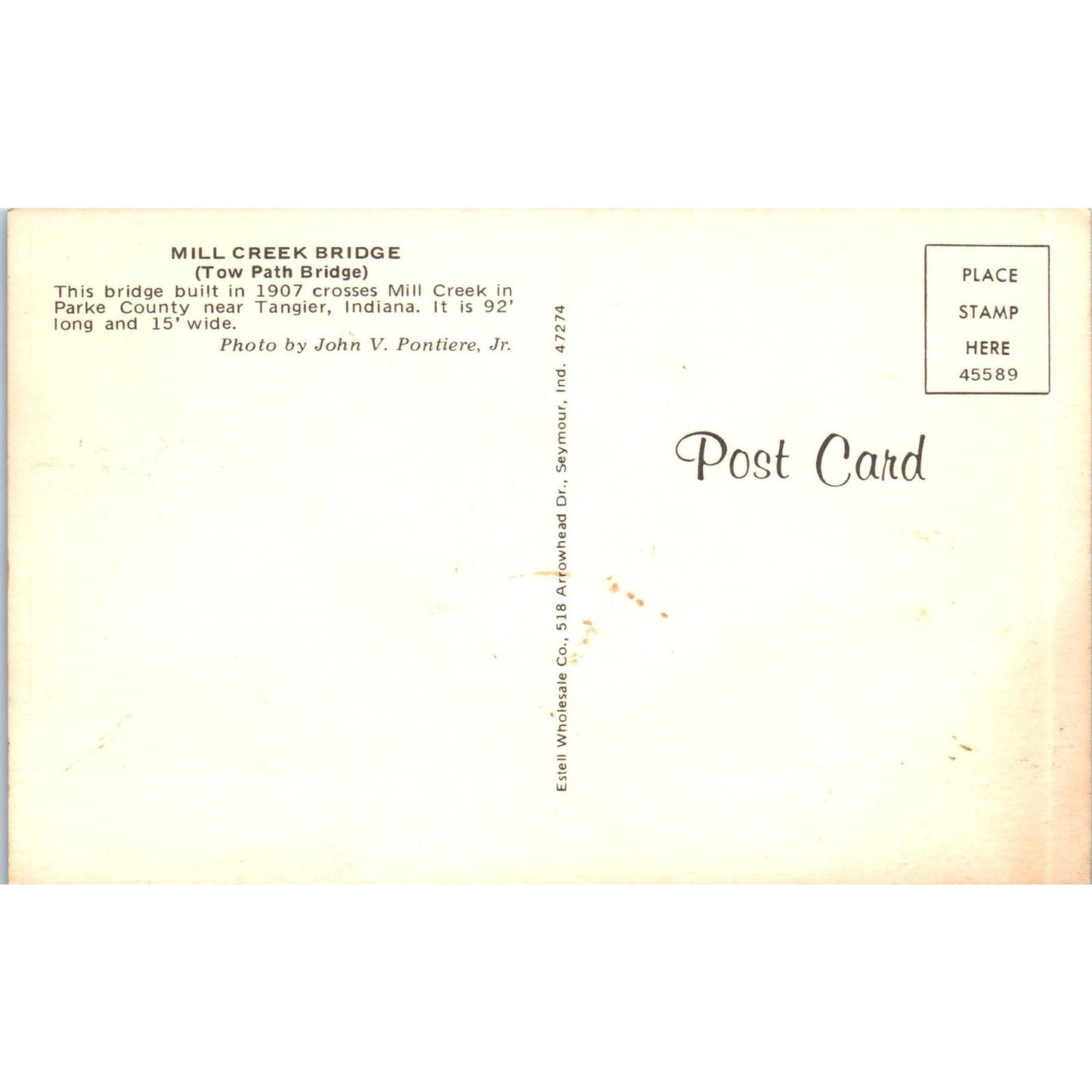 Mill Creek Bridge Parke County Tangier IN Vintage Covered Bridge Postcard PC15