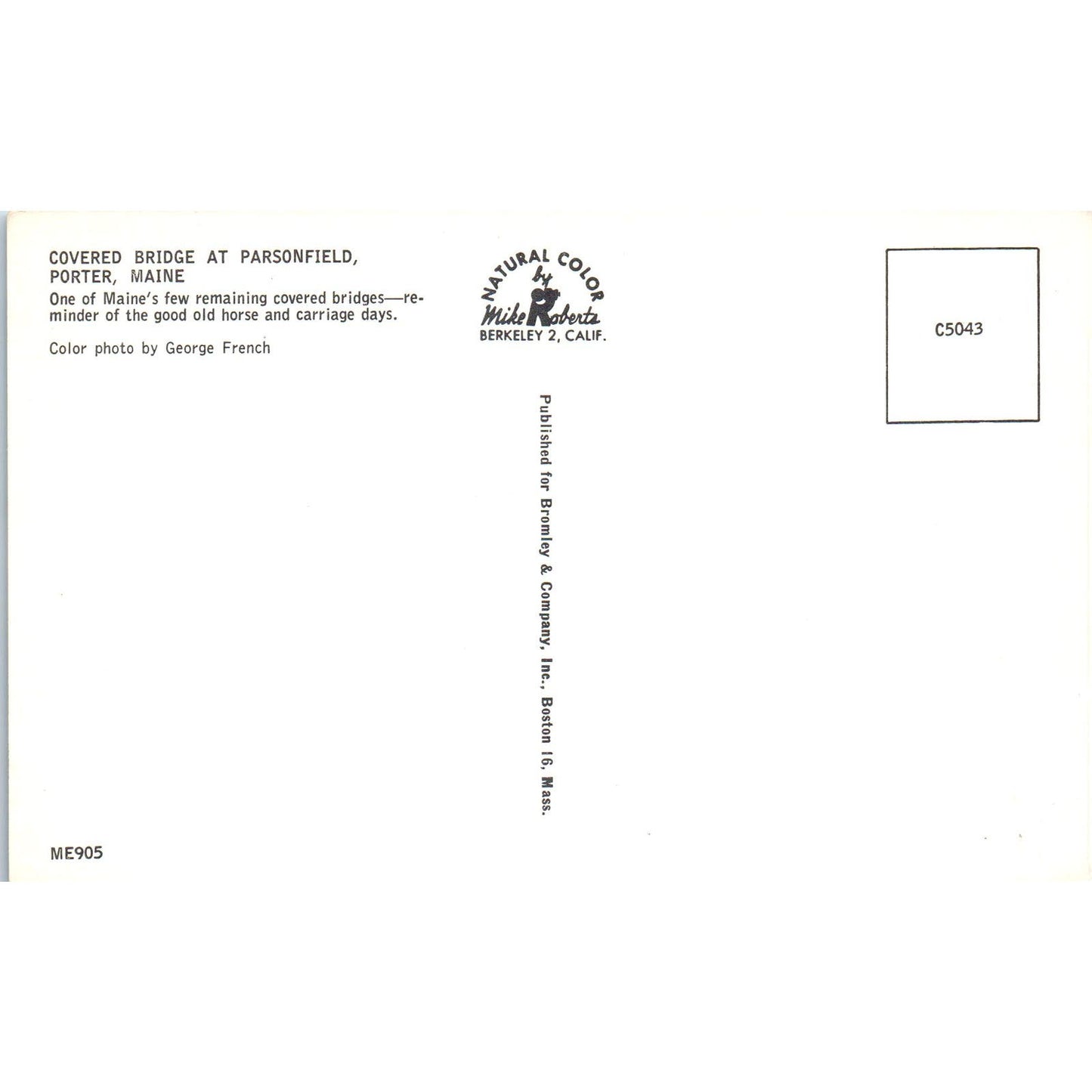 Parsonsfield Porter Maine Covered Bridge Postcard PC6