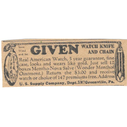 US Supply Co Greenville PA Pocket Watch Giveaway Offer 1923 Magazine Ad AE1-7
