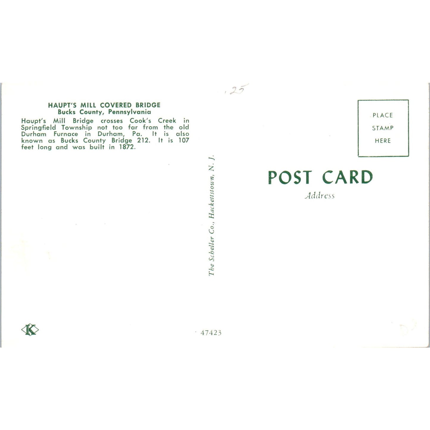 Haupt's Mill Bridge Bucks County PA Vintage Covered Bridge Postcard PC17