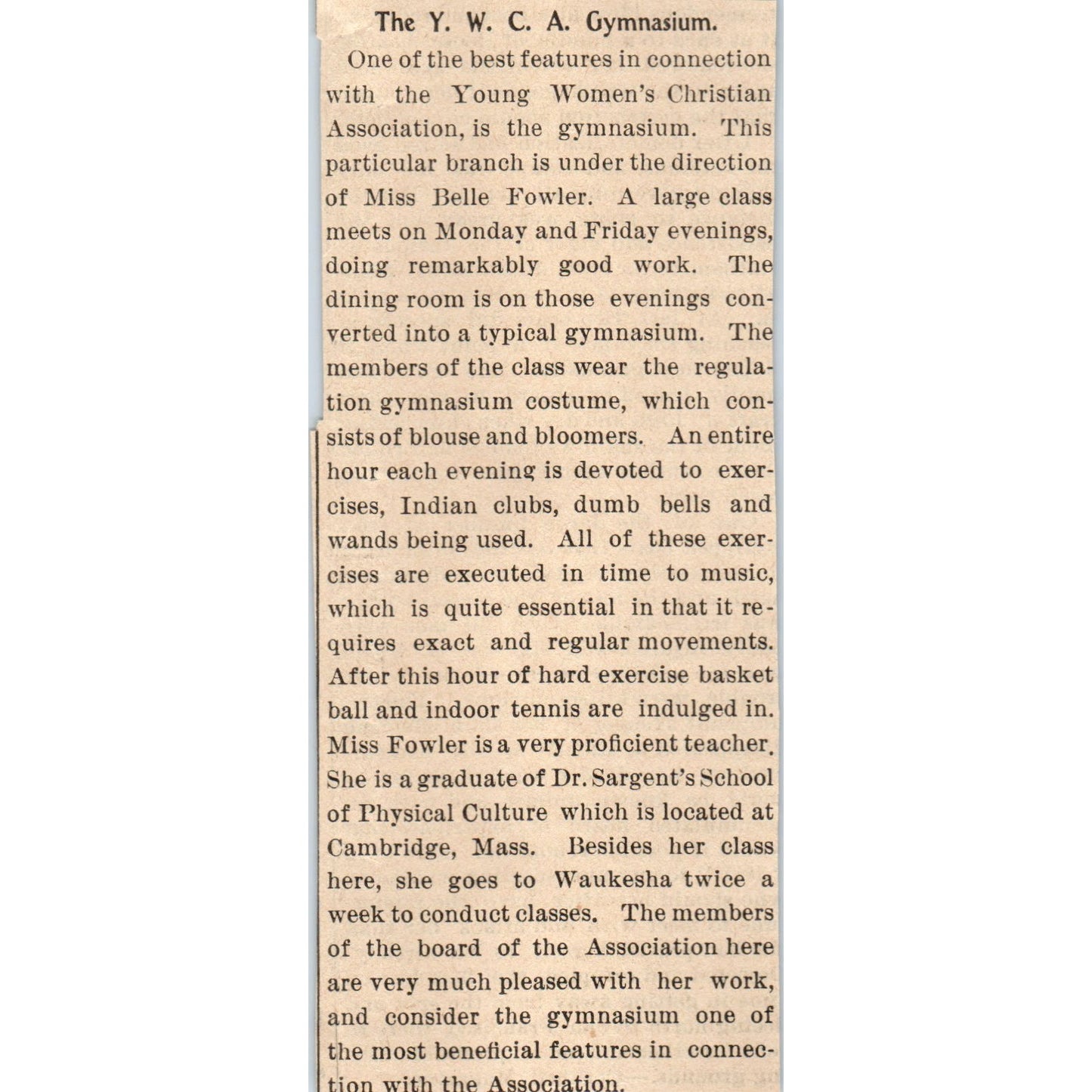 The YWCA Gymnasium Miss Belle Fowler Milwaukee 1898 Newspaper Clip AF7-E12