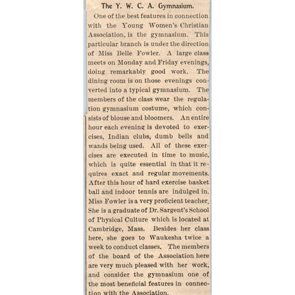 The YWCA Gymnasium Miss Belle Fowler Milwaukee 1898 Newspaper Clip AF7-E12