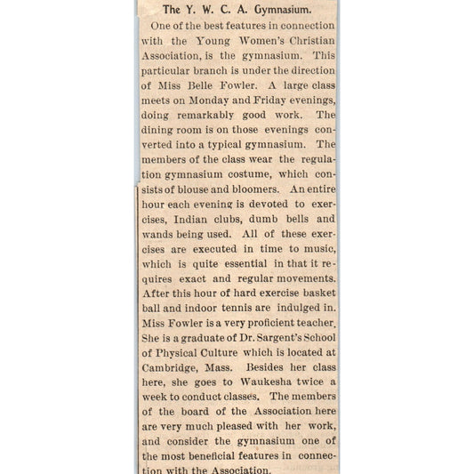 The YWCA Gymnasium Miss Belle Fowler Milwaukee 1898 Newspaper Clip AF7-E12