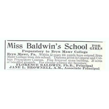 Miss Baldwin's Bryn Mawr College Prep School Florence Baldwin 1903 Ad AF7-SS2