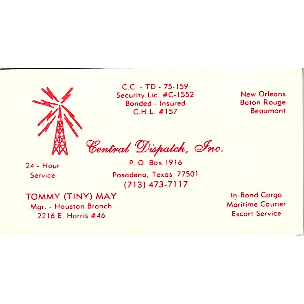 Tommy Tiny May Central Dispatch Inc Pasadena TX Vintage Business Card SC9-B2