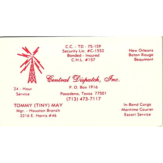 Tommy Tiny May Central Dispatch Inc Pasadena TX Vintage Business Card SC9-B2