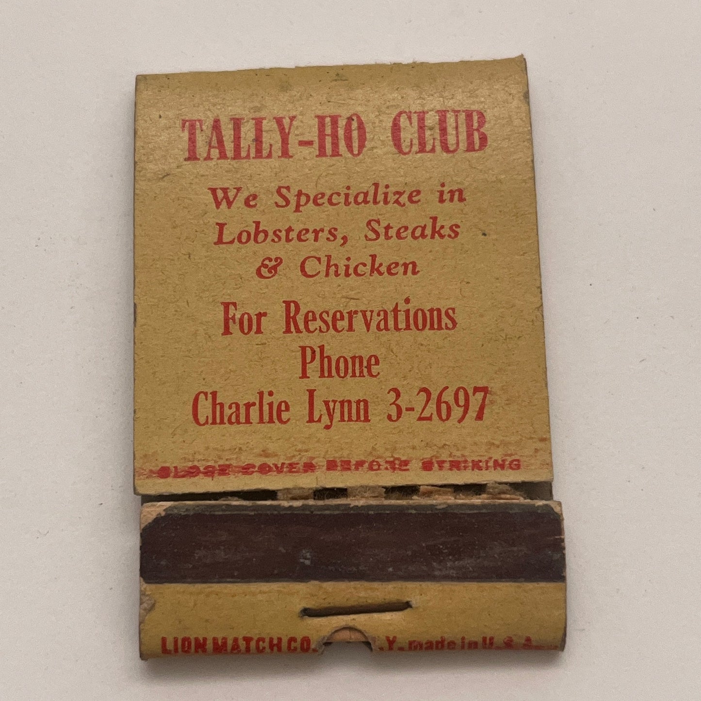 Tally-Ho Club Restaurant Lynn MA Vintage Matchbook Cover TB8-MB2-7