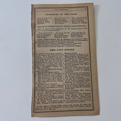 Boston Overseers of the Poor & City Police Listings 1871 Almanac Clip SAI2-H4