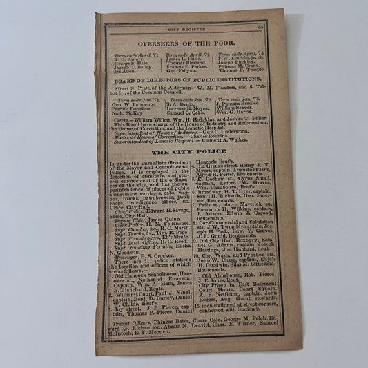 Boston Overseers of the Poor & City Police Listings 1871 Almanac Clip SAI2-H4