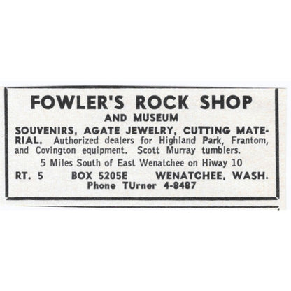 Fowler's Rock Shop and Museum Wenatchee Washington 1964 Magazine Ad AK6-S9
