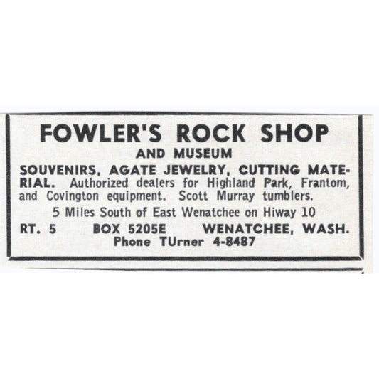 Fowler's Rock Shop and Museum Wenatchee Washington 1964 Magazine Ad AK6-S9