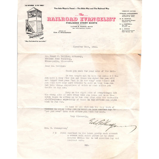 1942 The Railroad Evangelist Letterhead Memo From Edw. E. Sheasgreen D9