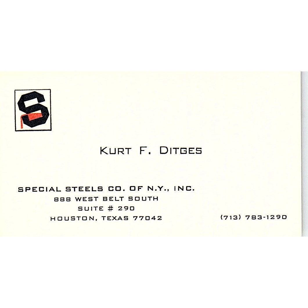 Kurt F Ditges Special Steels Co Houston Vintage Business Card SC9-B12