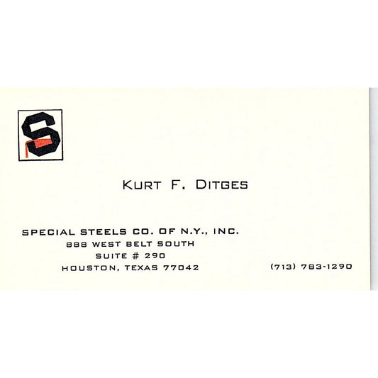 Kurt F Ditges Special Steels Co Houston Vintage Business Card SC9-B12