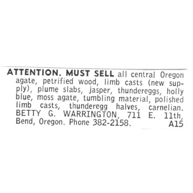 Betty G Warrington Oregon Agate Bend OR 1972 Ad AF8-S12
