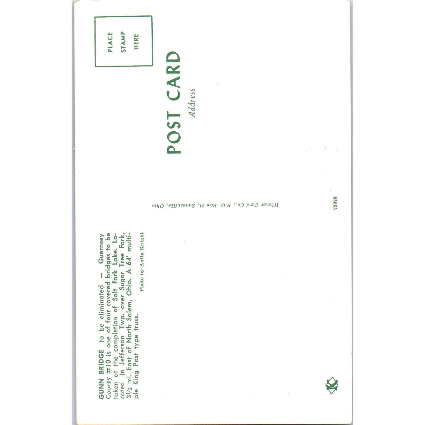 Gunn Bridge Guernsey County 10 North Salem OH Covered Bridge Postcard PC11