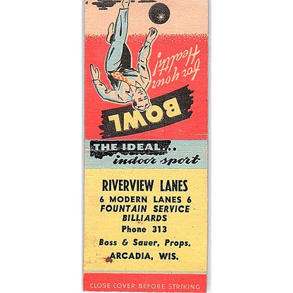 Riverview Lanes Bowling Arcadia WI Boss & Sauer Vintage Matchbook Cover SF3-Y9