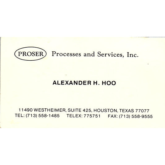 Alexander H Hoo Proser Processes & Services Houston Vintage Business Card SC9-B2